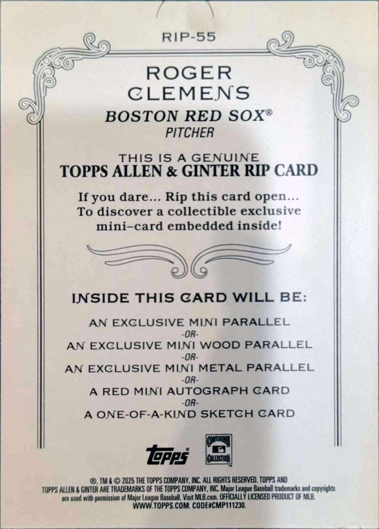 2025 Topps Allen & Ginter - Roger Clemens Rip Card (#042/199)