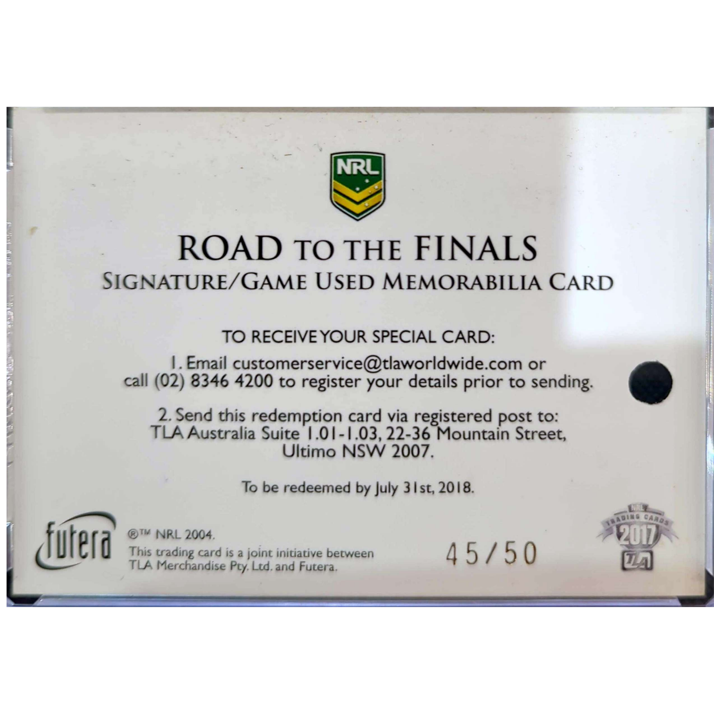Futura NRL 2017 – "Road to the Finals" Wade Graham Signature / Redemption Card