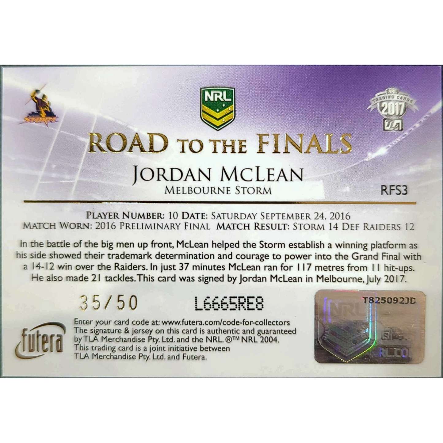 Futura NRL 2017 – "Road to the Finals" Jordan McLean Signature / Redemption Card