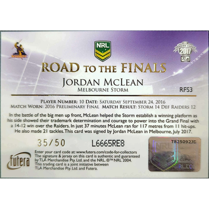 Futura NRL 2017 – "Road to the Finals" Jordan McLean Signature / Redemption Card