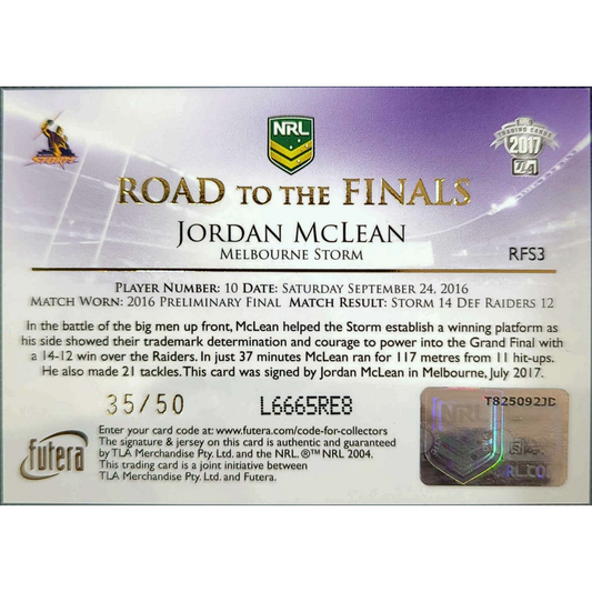 Futura NRL 2017 – "Road to the Finals" Jordan McLean Signature / Redemption Card