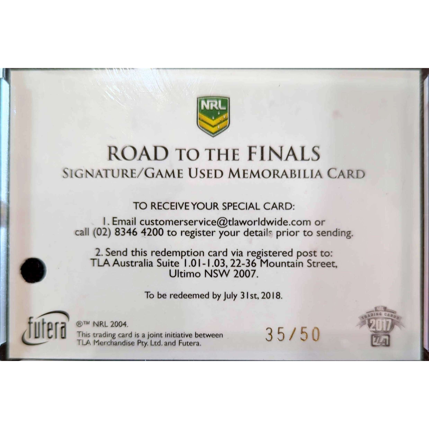 Futura NRL 2017 – "Road to the Finals" Jordan McLean Signature / Redemption Card
