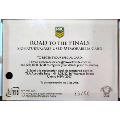 Futura NRL 2017 – "Road to the Finals" Jordan McLean Signature / Redemption Card