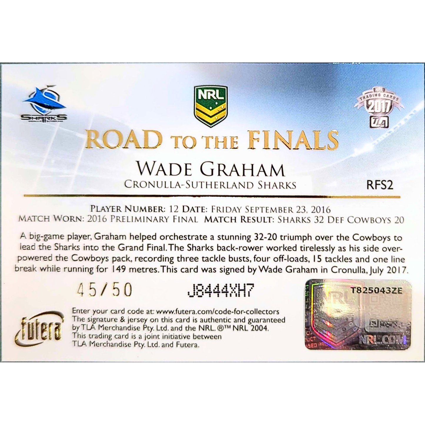 Futura NRL 2017 – "Road to the Finals" Wade Graham Signature / Redemption Card