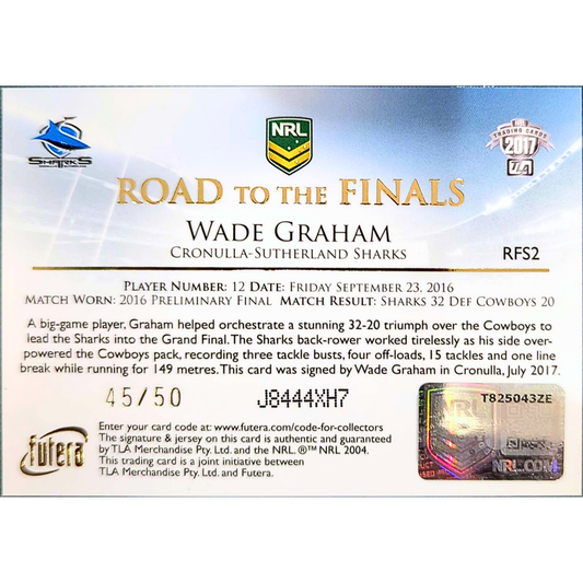 Futura NRL 2017 – "Road to the Finals" Wade Graham Signature / Redemption Card
