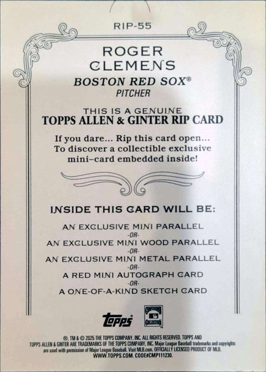 2025 Topps Allen & Ginter - Roger Clemens Rip Card (#042/199)