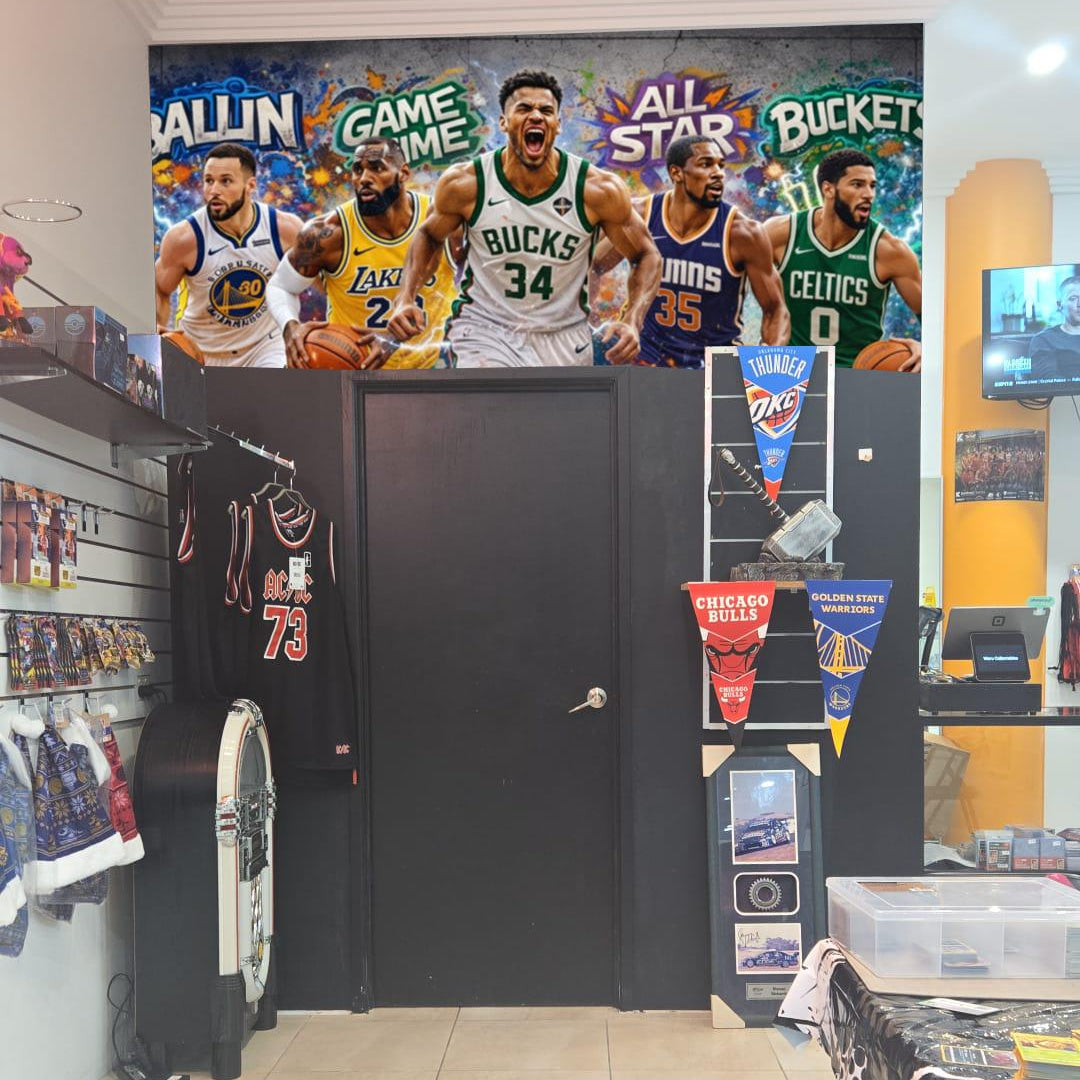 Waru Store interior with sports-themed decorations, including a large mural of basketball players and branded merchandise.