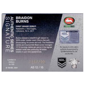 NRL Trading Card: Braidon Burns Authentic Series Signature